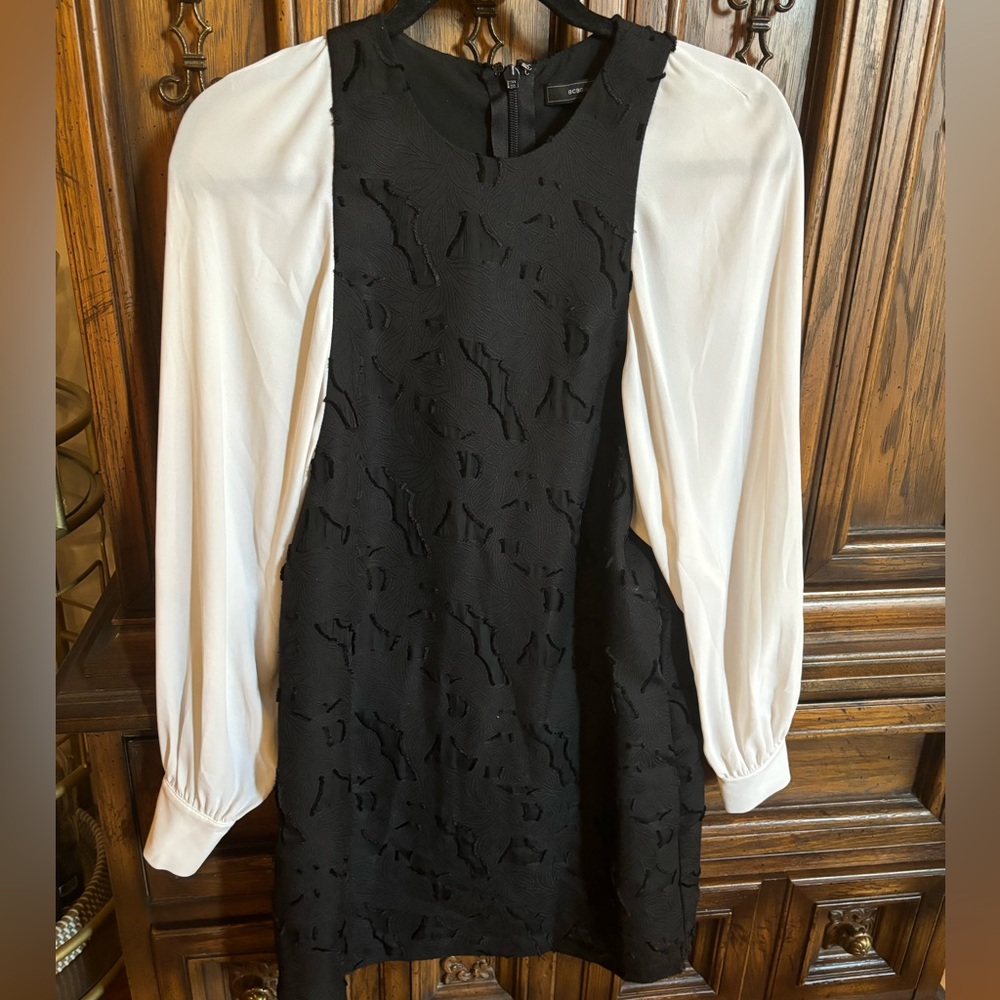 BCBG textured floral jacquard dress with billowy sleeves.